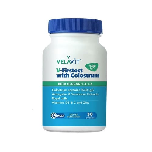 Velavit V-Firstect Colostrum supplement bottle white with blue label cap on Tampa Home & Garden Store