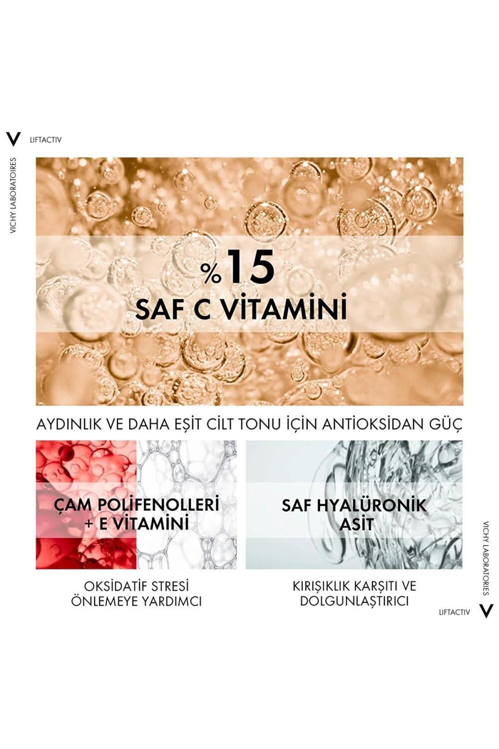 Vichy Liftactiv 15% Vitamin C Serum banner with orange bubbly background on Tampa Home & Garden Store