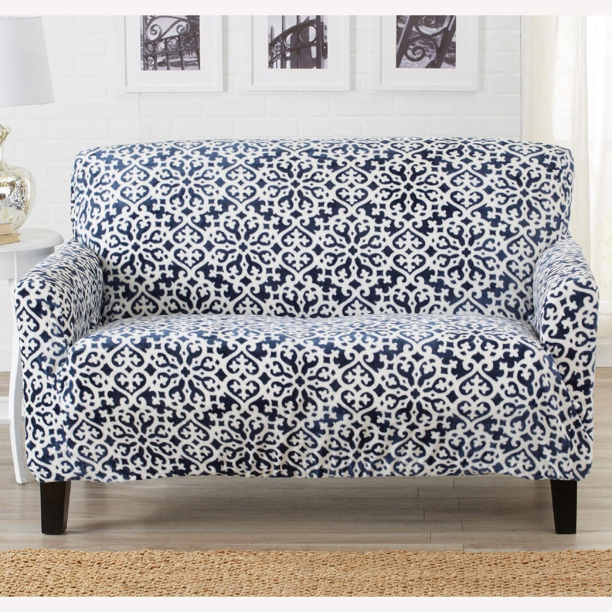 Velvet Stretch Slipcover Gale Collection armchair in navy white damask by Great Bay Home on Tampa Home & Garden Store