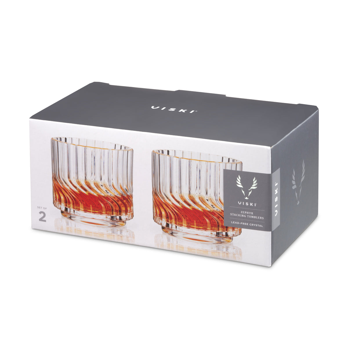 Zephyr crystal lowball tumblers set of 2 by Viski, amber-tinted ribbed glass on packaging box on Tampa Home & Garden Store