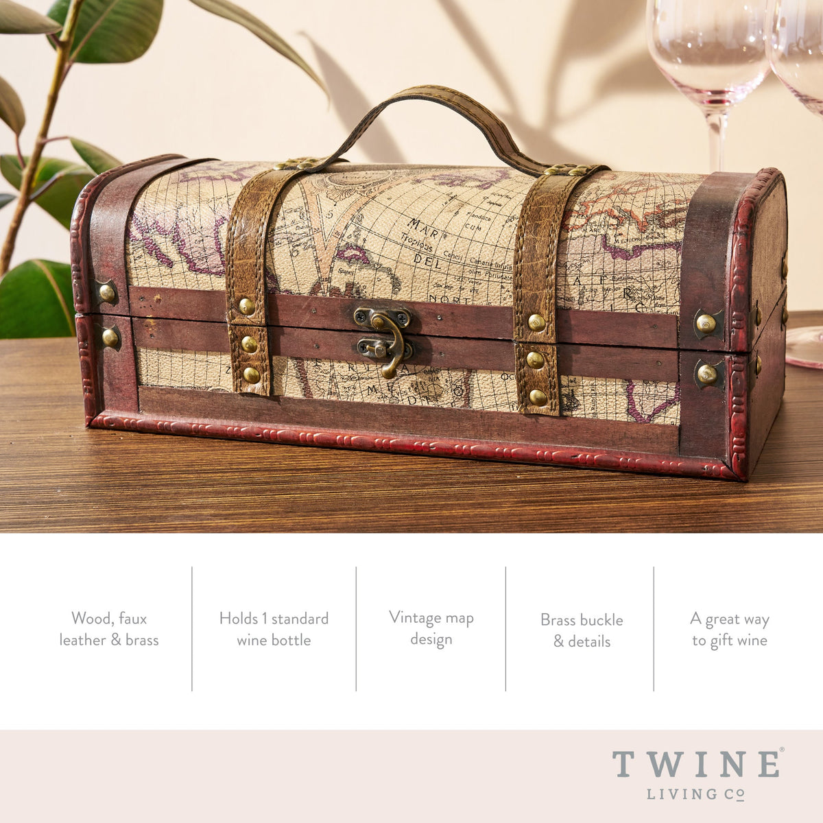 Twine Living 1 Bottle Old World Wooden Wine Box with map print, leather straps, brass hardware on Tampa Home & Garden Store