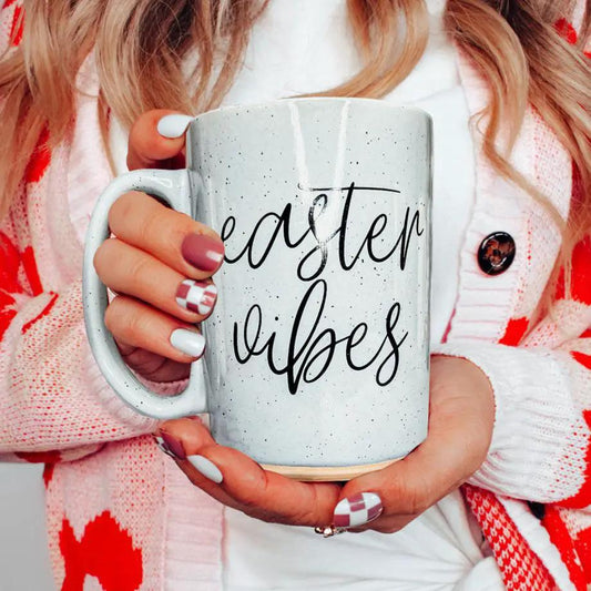 Easter Vibes 16.23oz mug by Gia Roma, speckled gray ceramic with black script on Tampa Home & Garden Store