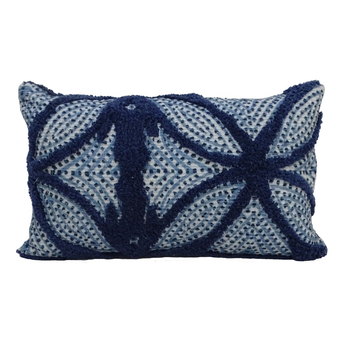 Blue woven throw pillow 14x24 with navy geometric lattice and fringe on Tampa Home & Garden Store