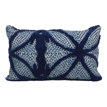 Blue woven throw pillow 14x24 with navy geometric lattice and fringe on Tampa Home & Garden Store