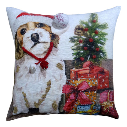 Vibhsa Christmas throw pillow 20x20 with dog in Santa hat and Christmas tree scene on Tampa Home & Garden Store