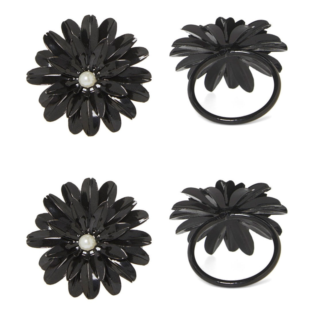 Vibhsa black floral napkin ring set of 4 with pearl accents, handcrafted dining decor on Tampa Home & Garden Store
