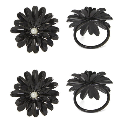 Vibhsa black floral napkin ring set of 4 with pearl accents, handcrafted dining decor on Tampa Home & Garden Store