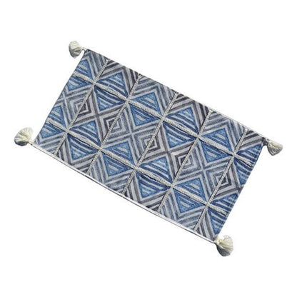 Vibhsa Blue & White Accent Rug with geometric diamond pattern and tassel fringe at ends on Tampa Home & Garden Store