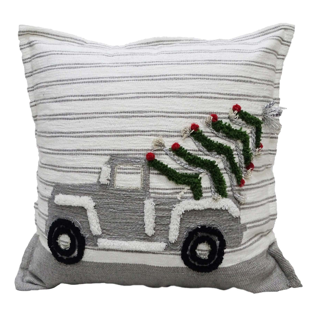 Vibhsa Christmas decorative throw pillow 20x20 with gray striped knit and vintage bus motif on Tampa Home & Garden Store