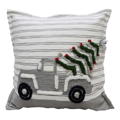 Vibhsa Christmas decorative throw pillow 20x20 with gray striped knit and vintage bus motif on Tampa Home & Garden Store