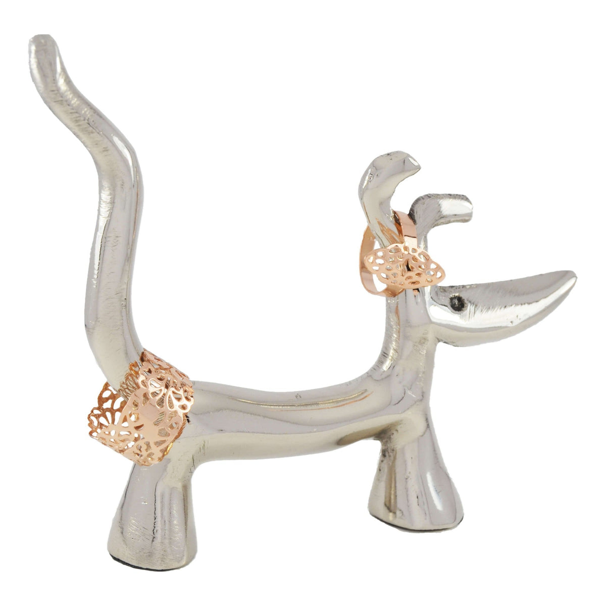 Vibhsa dog-shaped ring holder in silver finish with rose-gold lattice ring, jewelry organizer on Tampa Home & Garden Store