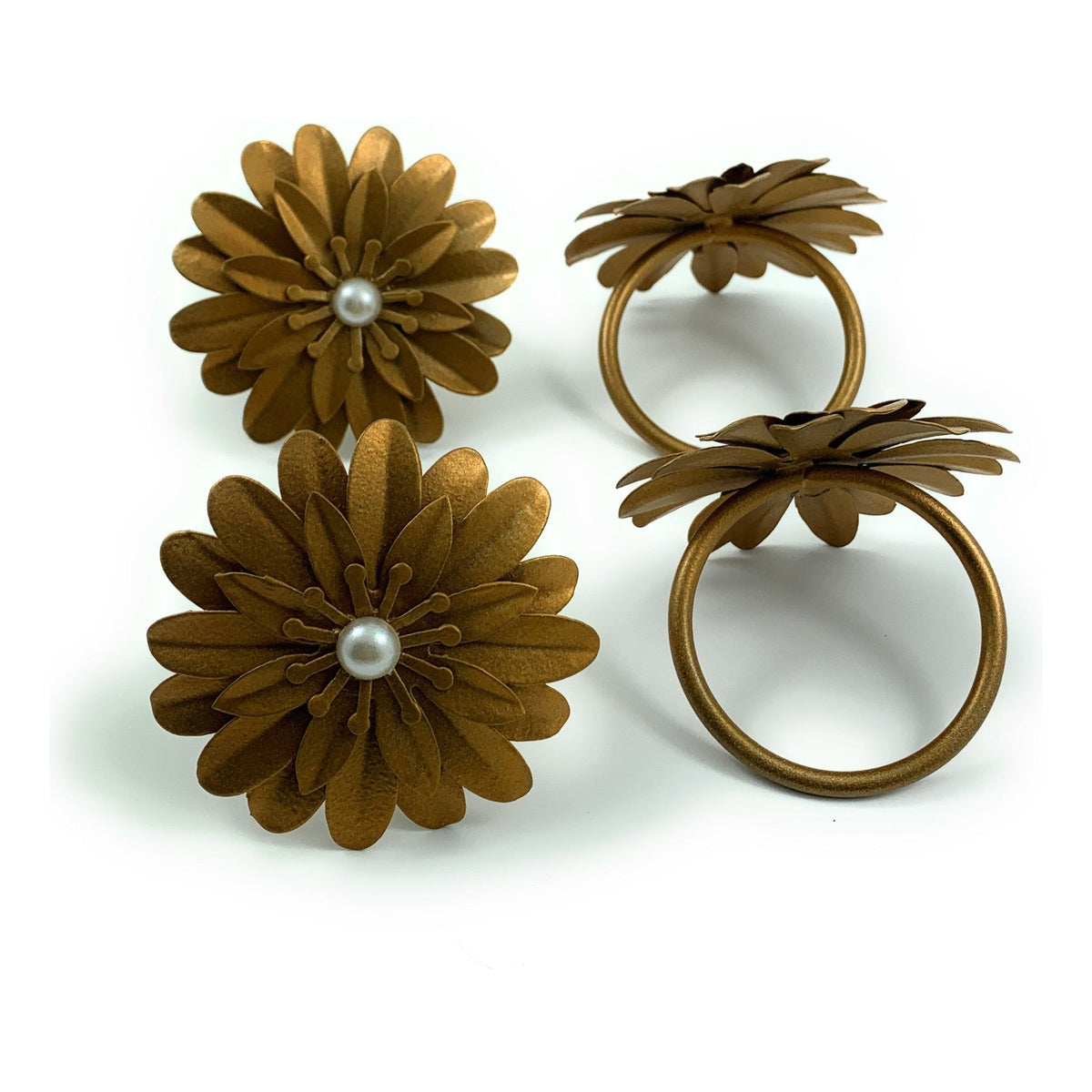 Vibhsa gold floral napkin rings set of 4 with pearl accents handcrafted dining decor on Tampa Home & Garden Store