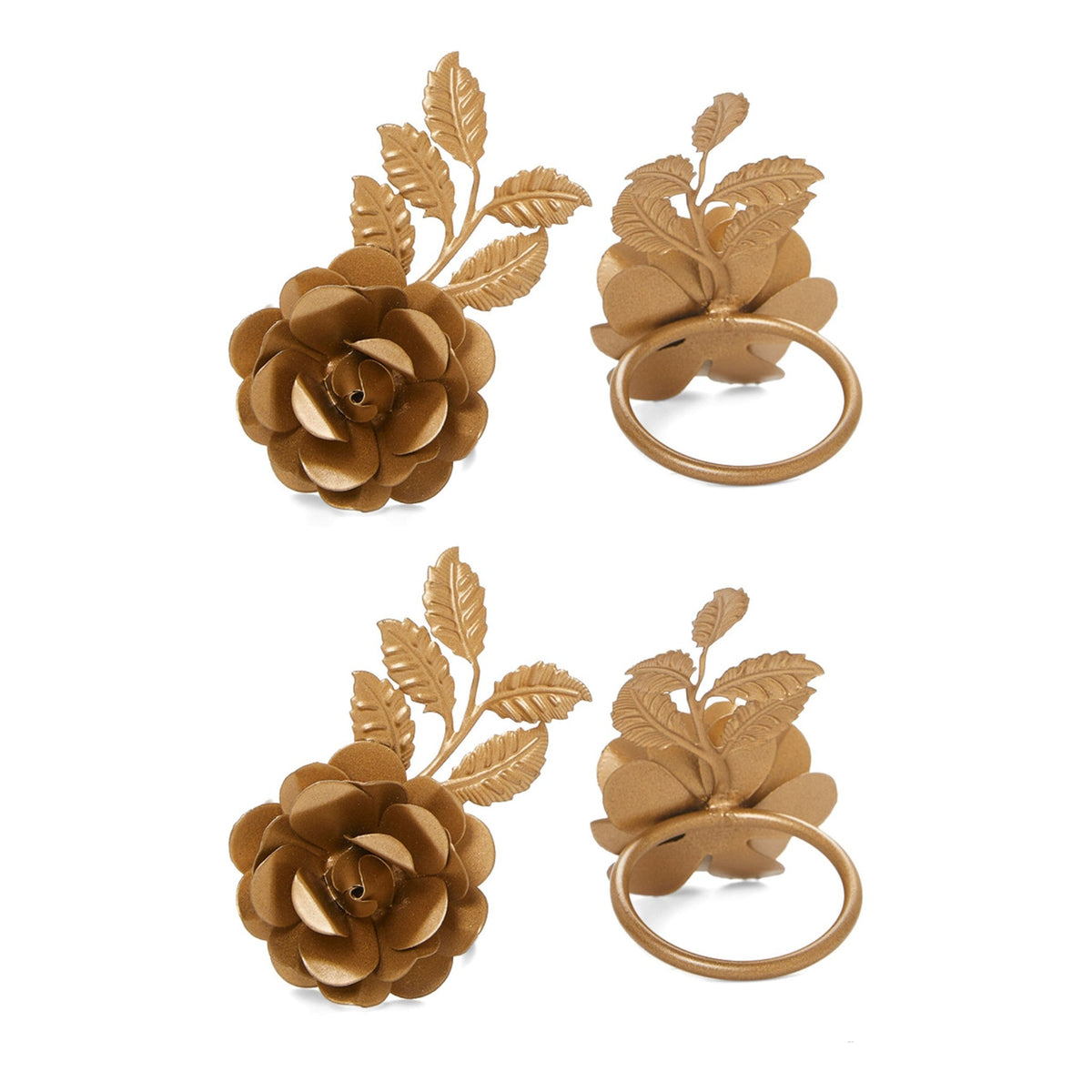 Vibhsa Gold Rose Napkin Rings, set of 4 handcrafted metal floral rings with rose blooms on Tampa Home & Garden Store