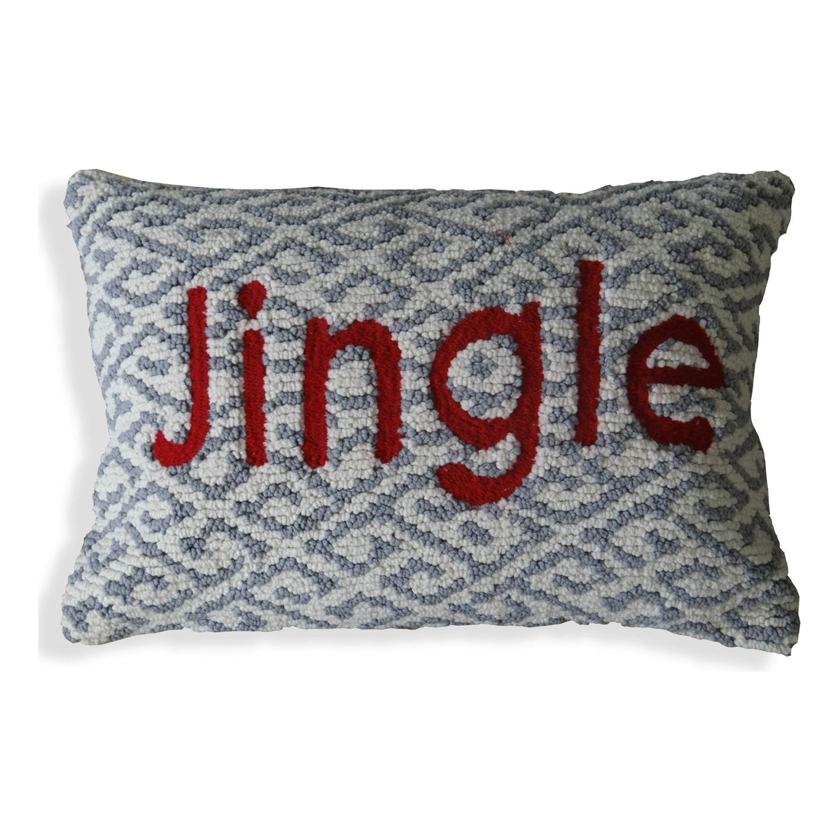 Vibhsa Jingle decorative throw pillow with gray boucle texture and red lettering 14x20 inches on Tampa Home & Garden Store