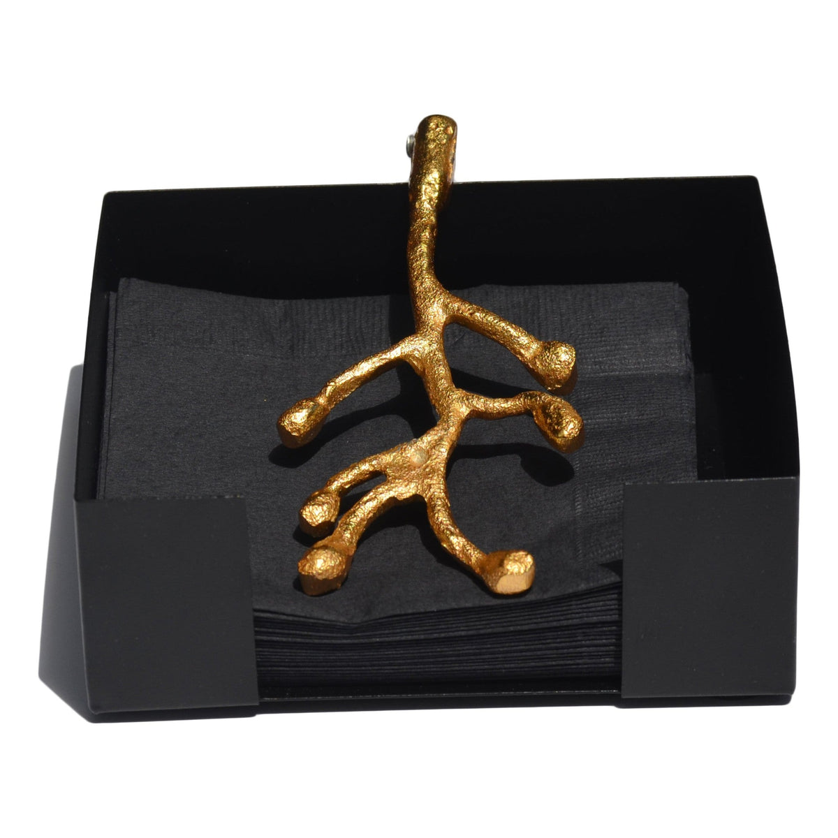 Vibhsa napkin holder dining decor gold olive bud metal accent on black box on Tampa Home & Garden Store
