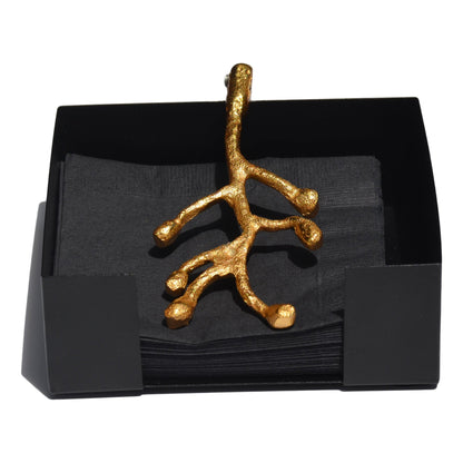 Vibhsa napkin holder dining decor gold olive bud metal accent on black box on Tampa Home & Garden Store