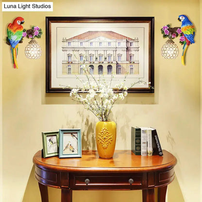 Vibrant Parrot Wall Sconce with Crystal Lampshade