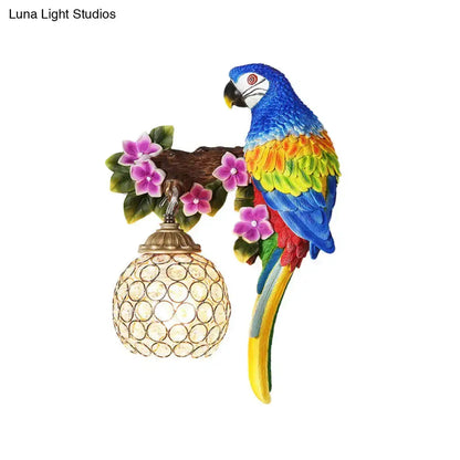 Vibrant Parrot Wall Sconce with Crystal Lampshade