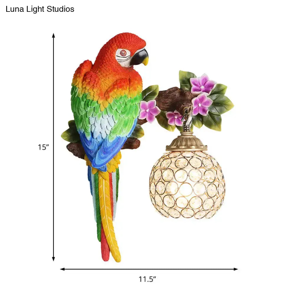 Vibrant Parrot Wall Sconce with Crystal Lampshade