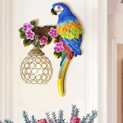 Vibrant Parrot Wall Sconce with Crystal Lampshade