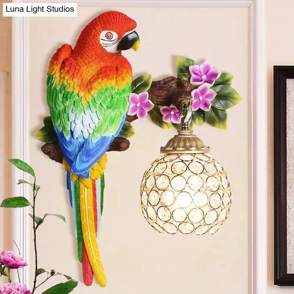 Vibrant Parrot Wall Sconce with Crystal Lampshade