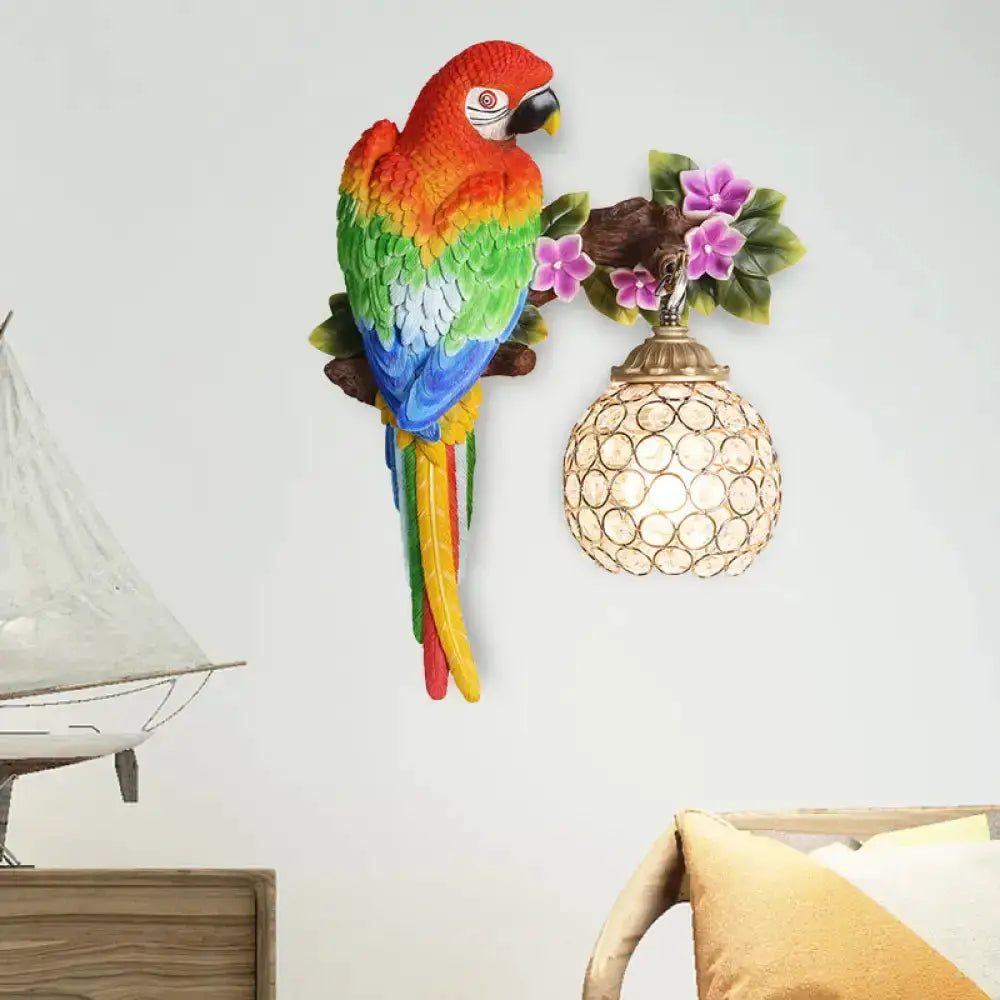 Vibrant Parrot Wall Sconce with Crystal Lampshade