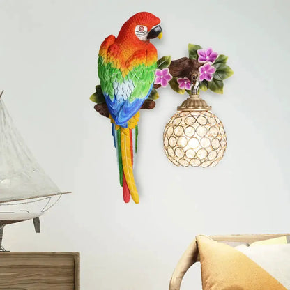 Vibrant Parrot Wall Sconce with Crystal Lampshade
