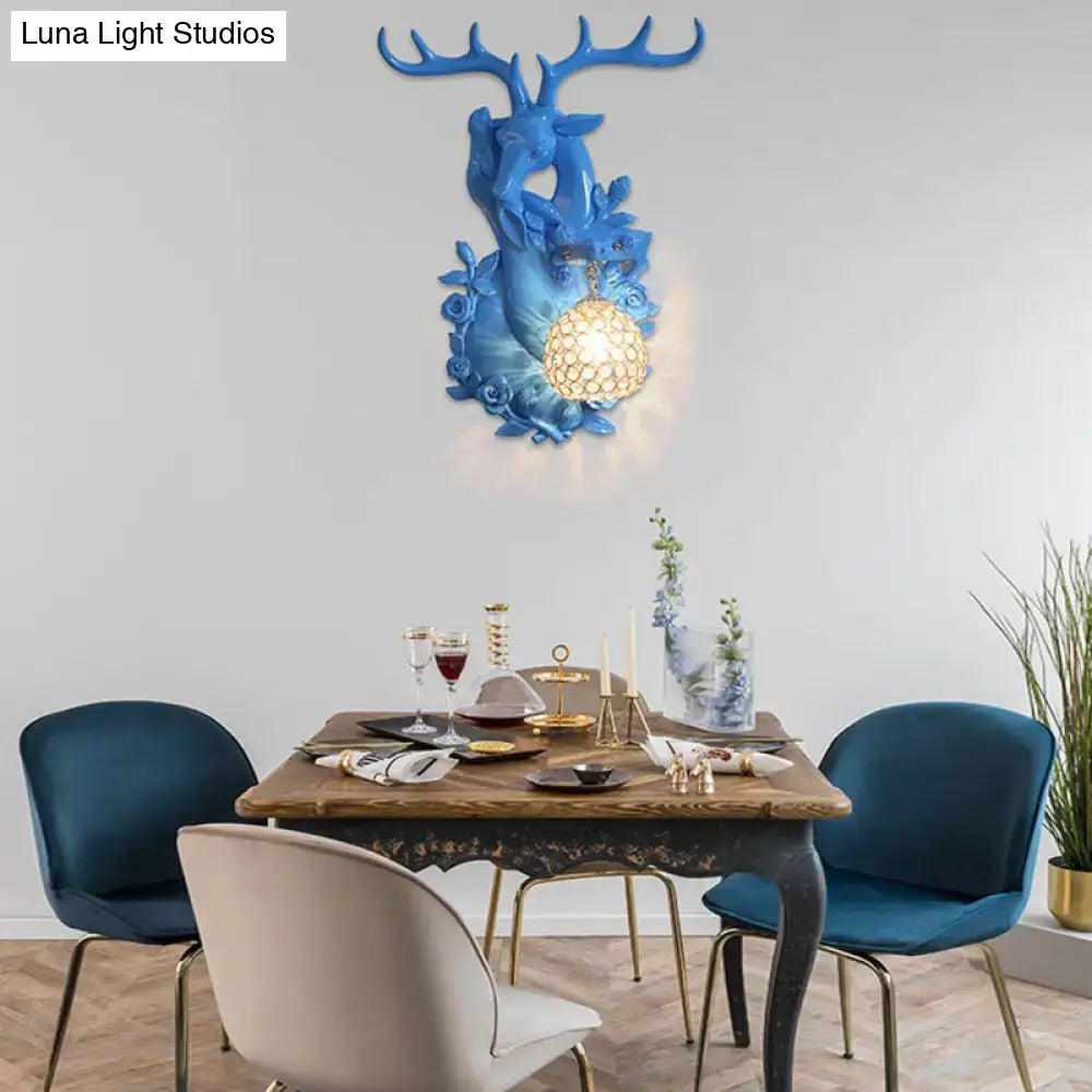 Blue deer head resin wall sconce with crystal globe lamp decor on Tampa Home & Garden Store