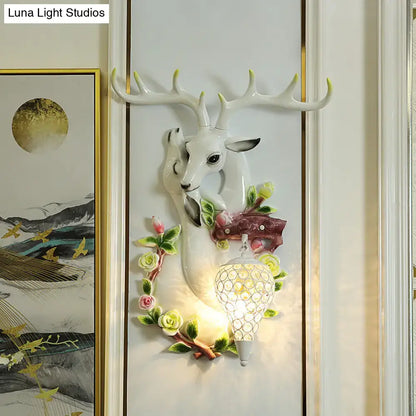 Gold Deer Crystal Sconce Resin Deer Head with lantern and floral garland by Decorbites on Tampa Home & Garden Store
