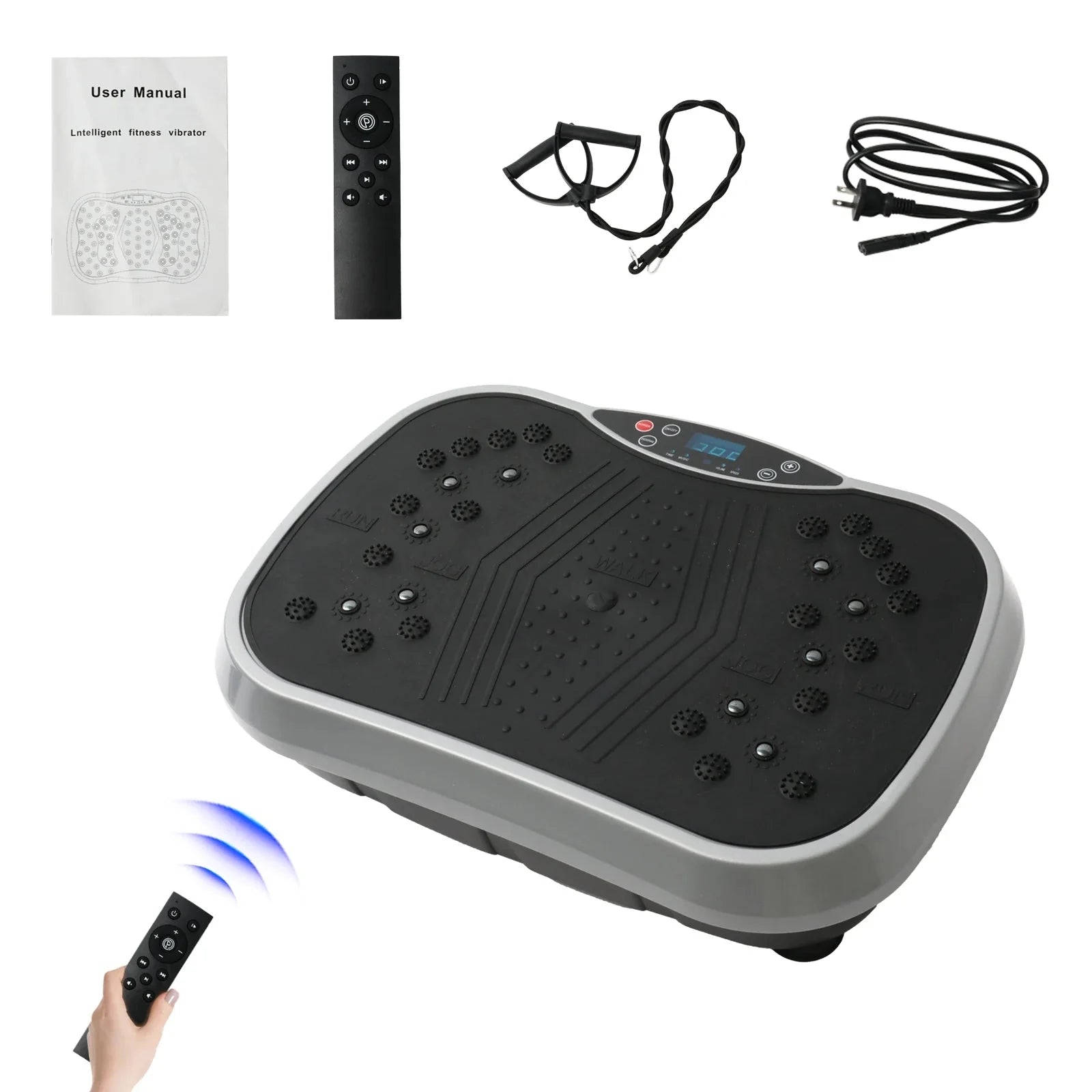 Vibration Plate EstaliosFit black platform with remote, power cord, and user manual on Tampa Home & Garden Store