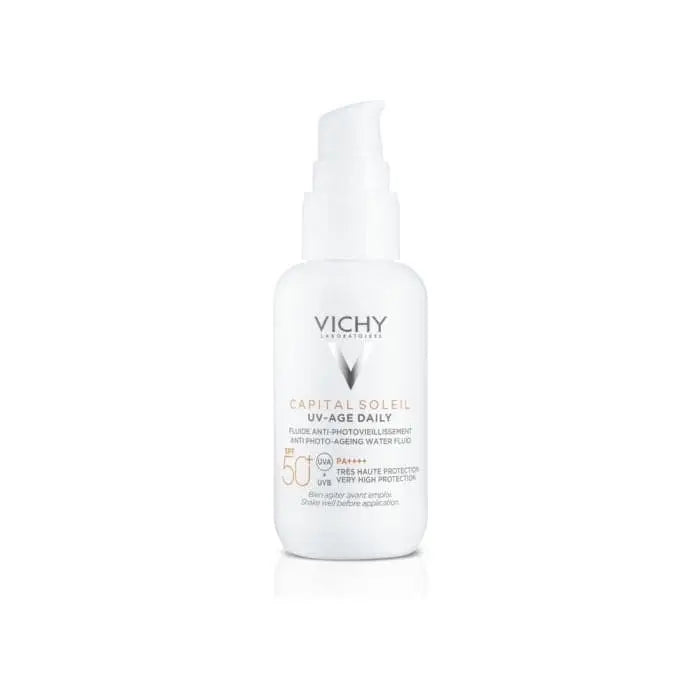 Vichy Capital Soleil UV-Age Daily tinted sunscreen SPF50+ pump bottle, white plastic on Tampa Home & Garden Store