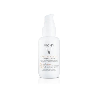 Vichy Capital Soleil UV-Age Daily tinted sunscreen SPF50+ pump bottle, white plastic on Tampa Home & Garden Store