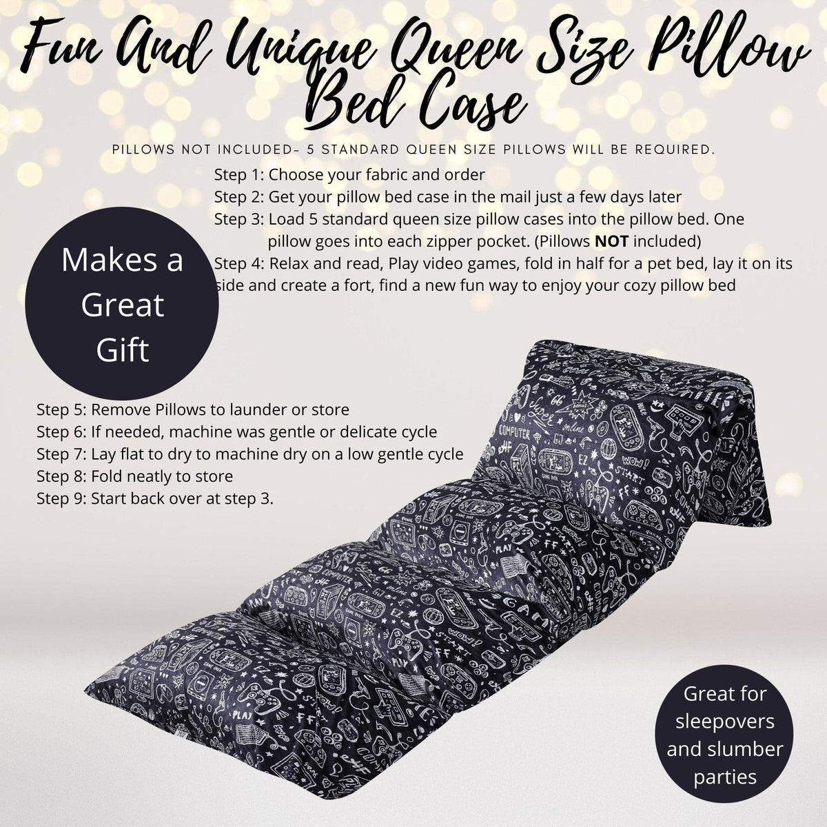 Video Gamer Pillow Bed Slipcover with black and white gaming pattern for a floor lounger on Tampa Home & Garden Store