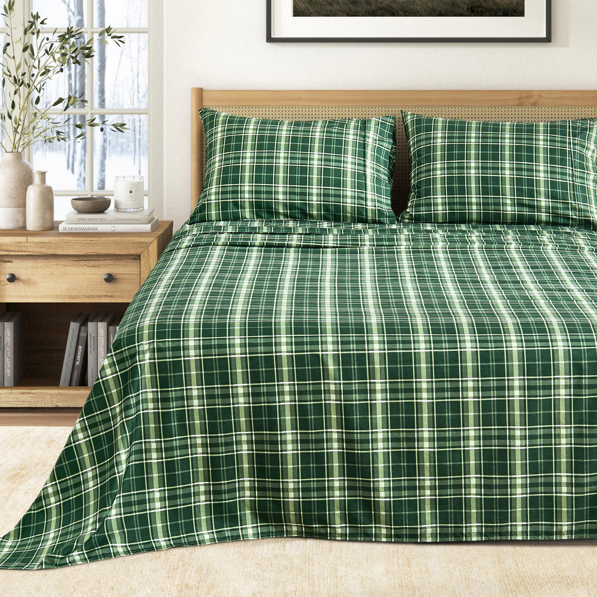 Printed Sheet Set Baylor Collection bed sheets in green plaid with 2 pillowcases, Great Bay Home on Tampa Home & Garden Store