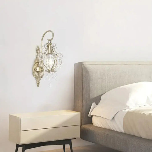 Vintage Style Clear Crystal Beaded Strand Wall Lamp with Curved Arm - Champagne - Tampa Home & Garden Store