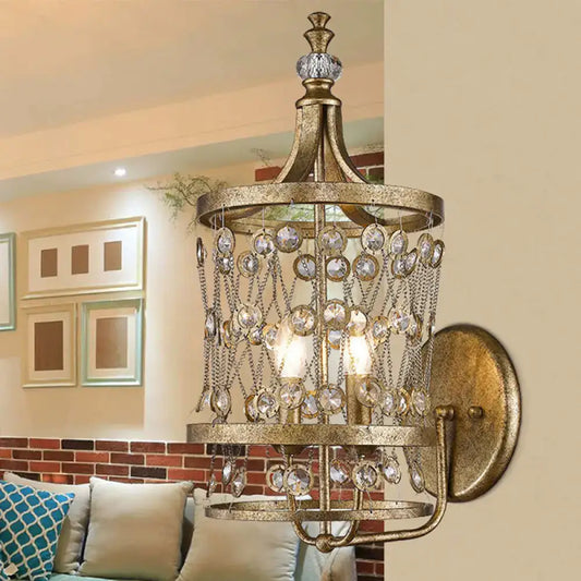 Vintage Metal Cylinder Sconce Light with Crystal Accent - Antique Brass Wall Mount - 2 Lights - Tampa Home & Garden Store