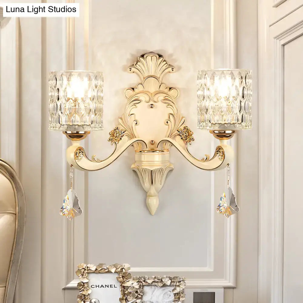 Gold Crystal Wall Sconce by Decorbites, vintage beige finish, crystal shades, dual-arm backplate on Tampa Home & Garden Store