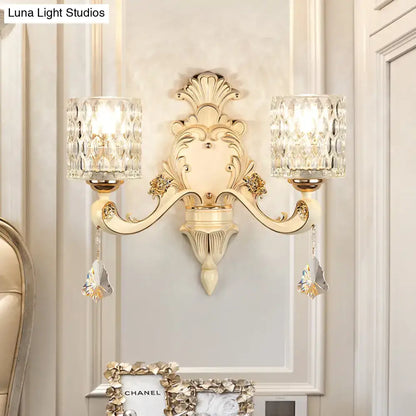 Gold Crystal Wall Sconce by Decorbites, vintage beige finish, crystal shades, dual-arm backplate on Tampa Home & Garden Store