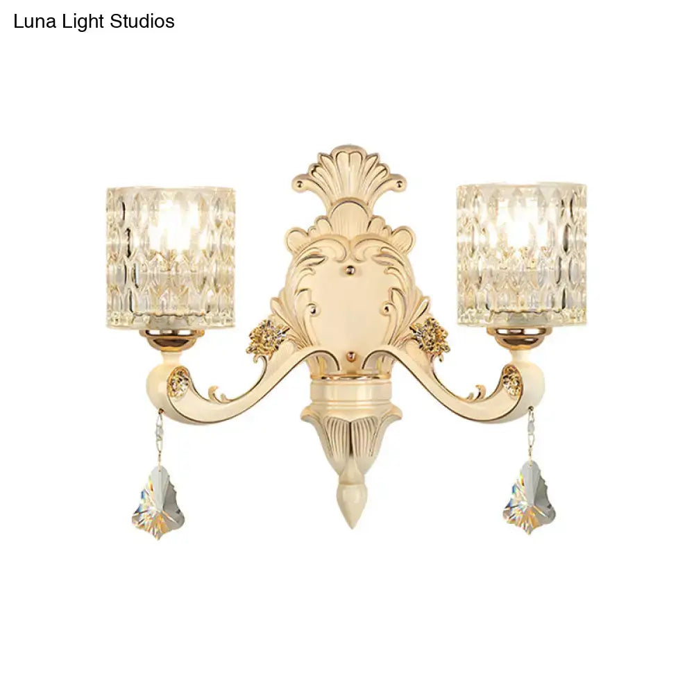 Gold Crystal Wall Sconce Vintage Beige Finish with twin crystal shades and ornate scroll arms on Tampa Home & Garden Store
