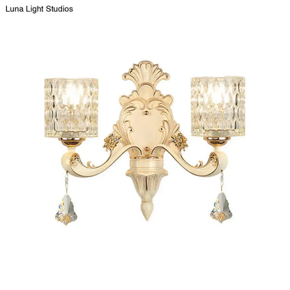 Gold Crystal Wall Sconce Vintage Beige Finish with twin crystal shades and ornate scroll arms on Tampa Home & Garden Store