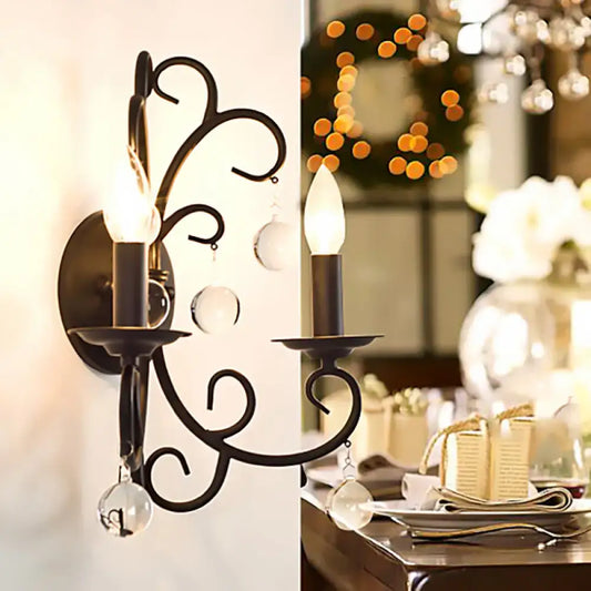 Vintage Metal Wall Sconce Light with Clear Crystal Ball Deco - 2 Head Black Fixture - Tampa Home & Garden Store