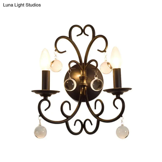 Vintage Metal Wall Sconce Light with Clear Crystal Ball Deco - 2 Head Black Fixture - Tampa Home & Garden Store
