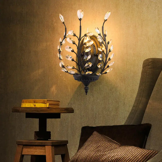 Vintage Metal Flower Wall Sconce with Crystal Leaf Decoration - Tampa Home & Garden Store