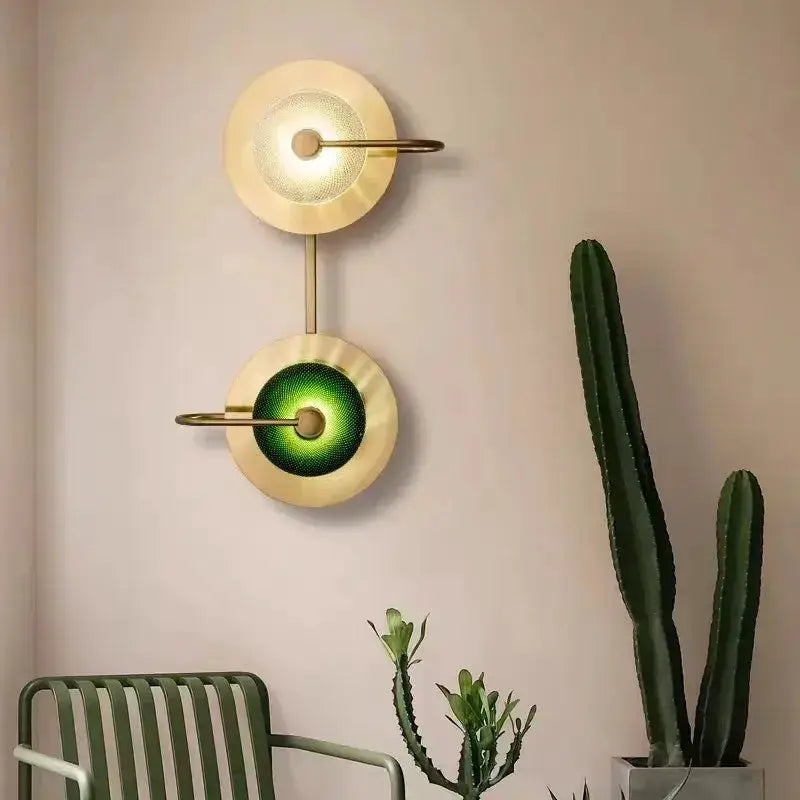 Decorbites vintage brass and green glass wall light with two circular discs on Tampa Home & Garden Store