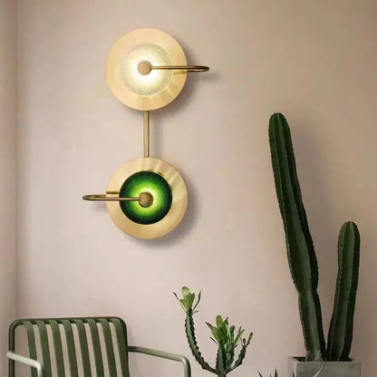 Decorbites vintage brass and green glass wall light with two circular discs on Tampa Home & Garden Store