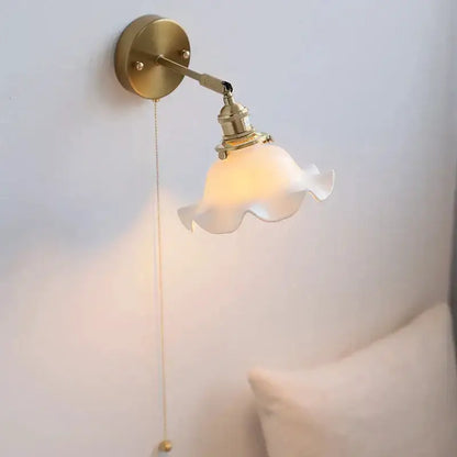 Vintage brass wall light with ruffled glass shade, pull-chain, bathroom decor on Tampa Home & Garden Store
