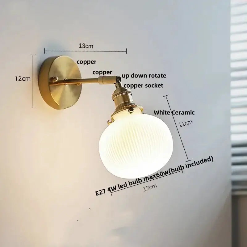 Vintage brass wall light by Decorbites with white ribbed glass globe, E27 LED bulb included on Tampa Home & Garden Store