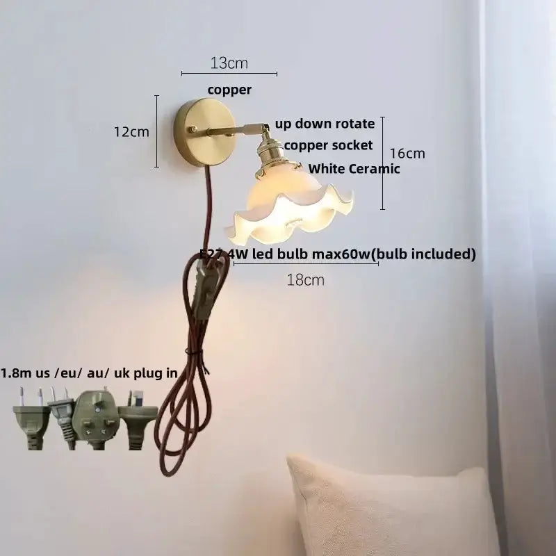 Vintage brass wall light with ruffled white glass ceramic shade Decorbites LED sconce on Tampa Home & Garden Store