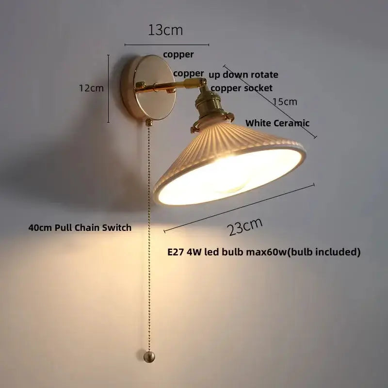 Vintage brass wall light with white ceramic ruffled glass shade, pull chain, Decorbites on Tampa Home & Garden Store