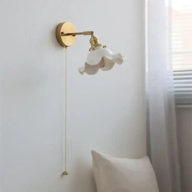 Vintage brass wall light with ruffled glass shade, LED, pull-chain switch on Tampa Home & Garden Store